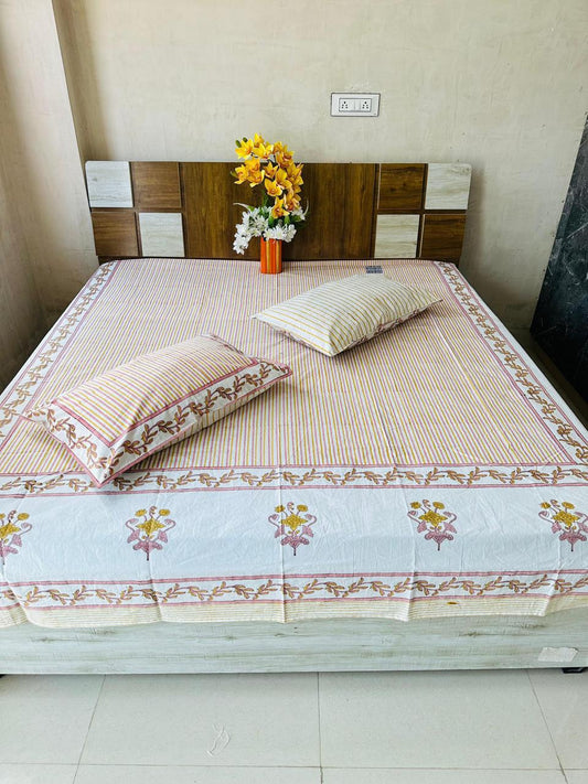 Hand Block Printed Cotton Double Bedsheet 108x108 King Size Striped Floral with 2 Pillow Covers