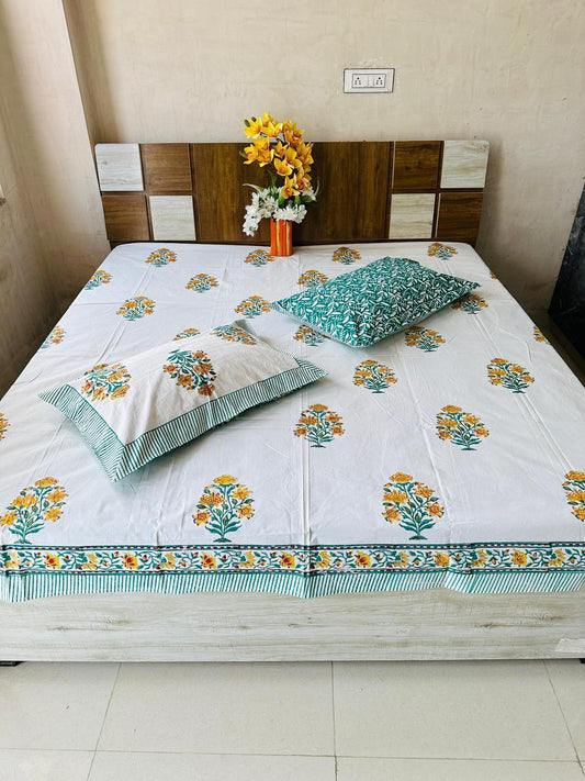 Hand Block Printed Cotton Double Bedsheet 108x108 King Size White Floral Green with 2 Pillow Covers