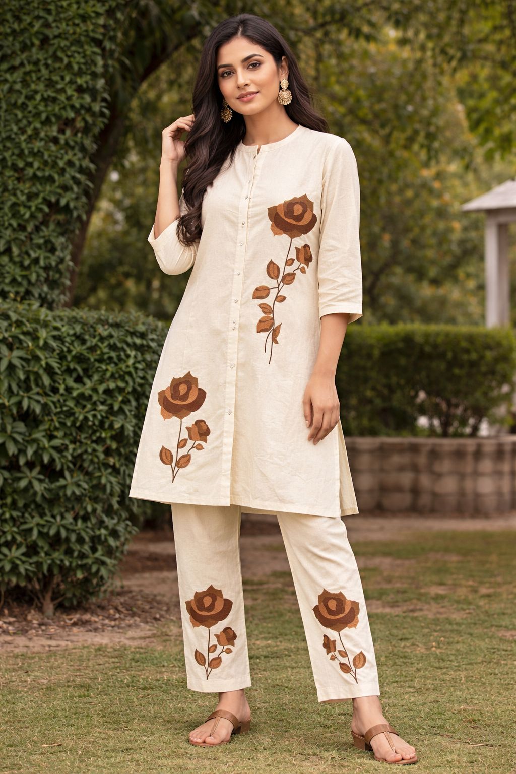 Women’s Khadi Cotton Co-Ord Set with Floral Print – Handcrafted Ethnic Summer Outfit, Breathable Kurti & Pant Set