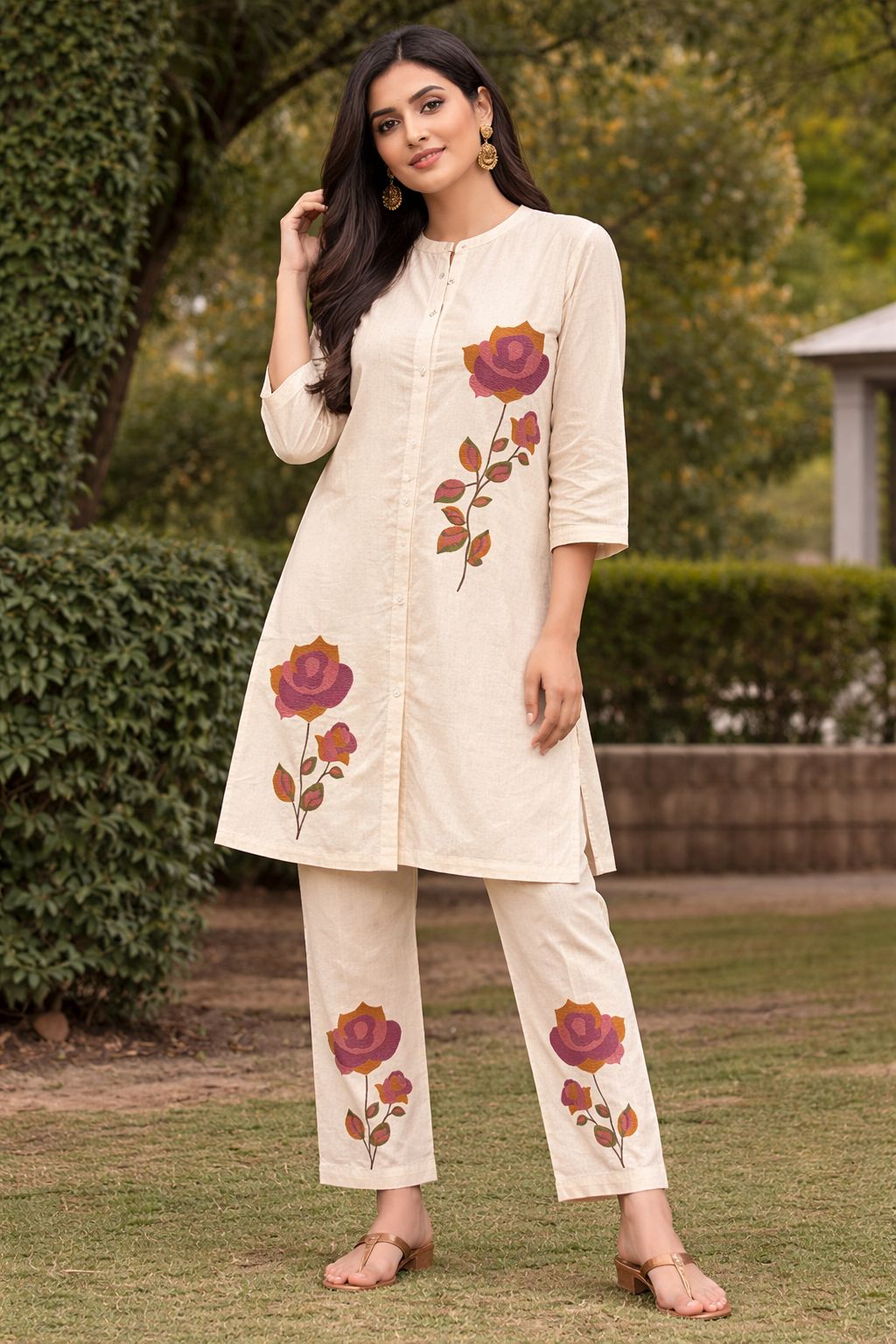 Women’s Khadi Cotton Floral Printed Co-Ord Set – Lightweight Ethnic Kurti & Pant Set for Summer Wear