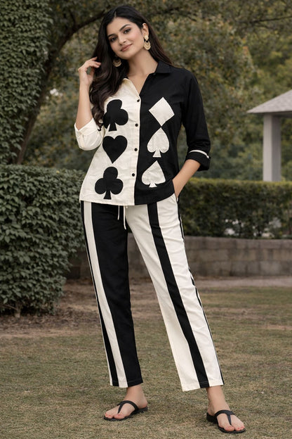 Women’s Khadi Cotton Co-Ord Set – Black & White Printed Shirt & Pant Set, Stylish Casual Ethnic Outfit