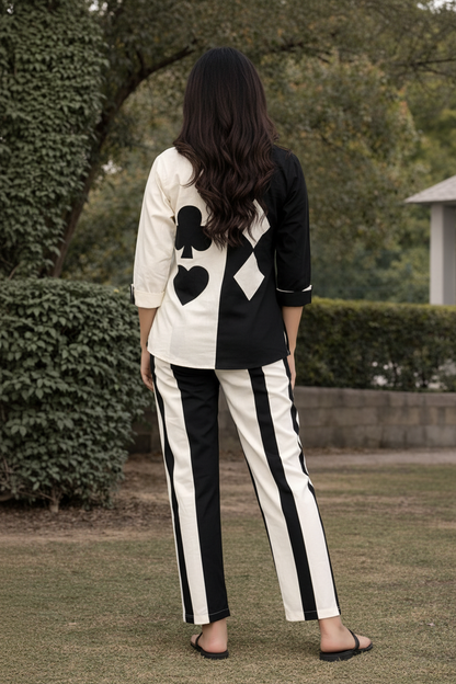 Women’s Khadi Cotton Co-Ord Set – Black & White Printed Shirt & Pant Set, Stylish Casual Ethnic Outfit