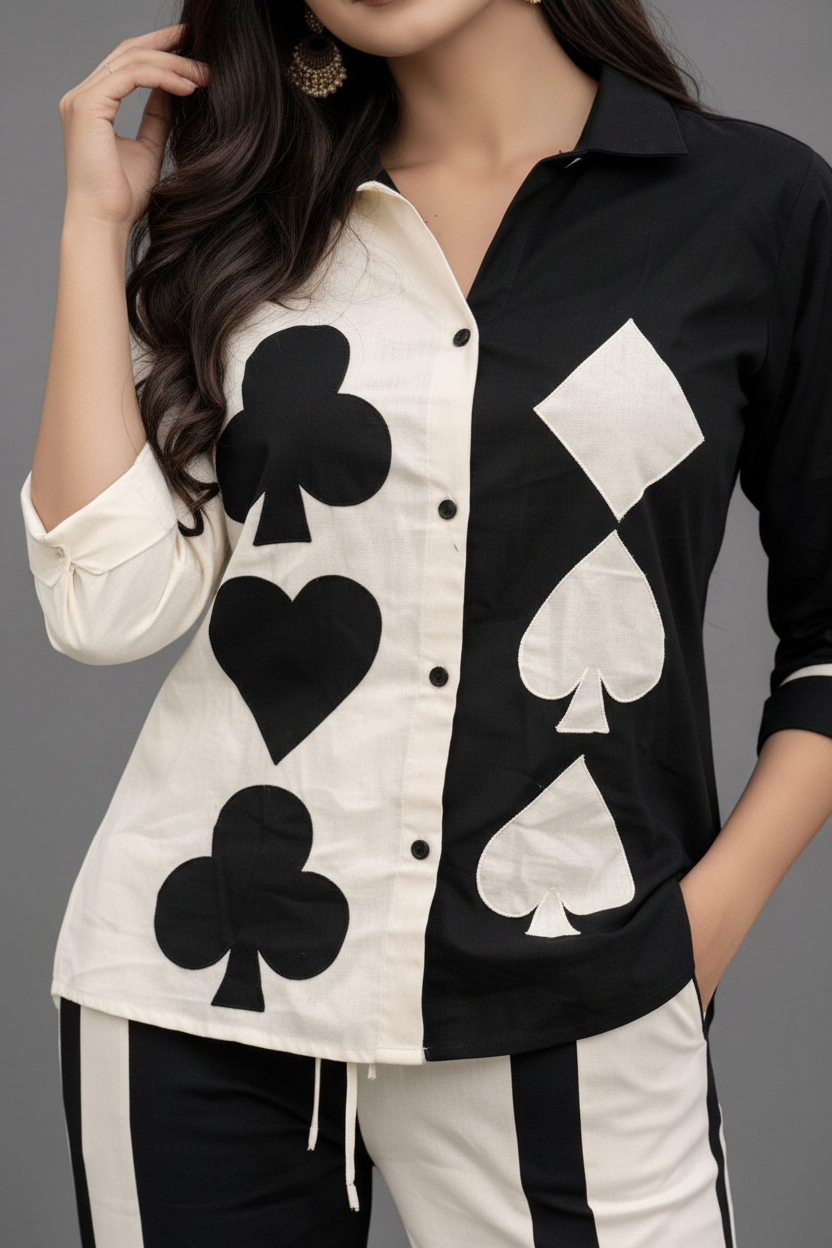 Women’s Khadi Cotton Co-Ord Set – Black & White Printed Shirt & Pant Set, Stylish Casual Ethnic Outfit