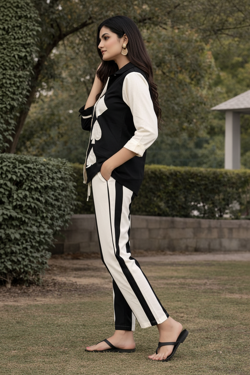 Women’s Khadi Cotton Co-Ord Set – Black & White Printed Shirt & Pant Set, Stylish Casual Ethnic Outfit