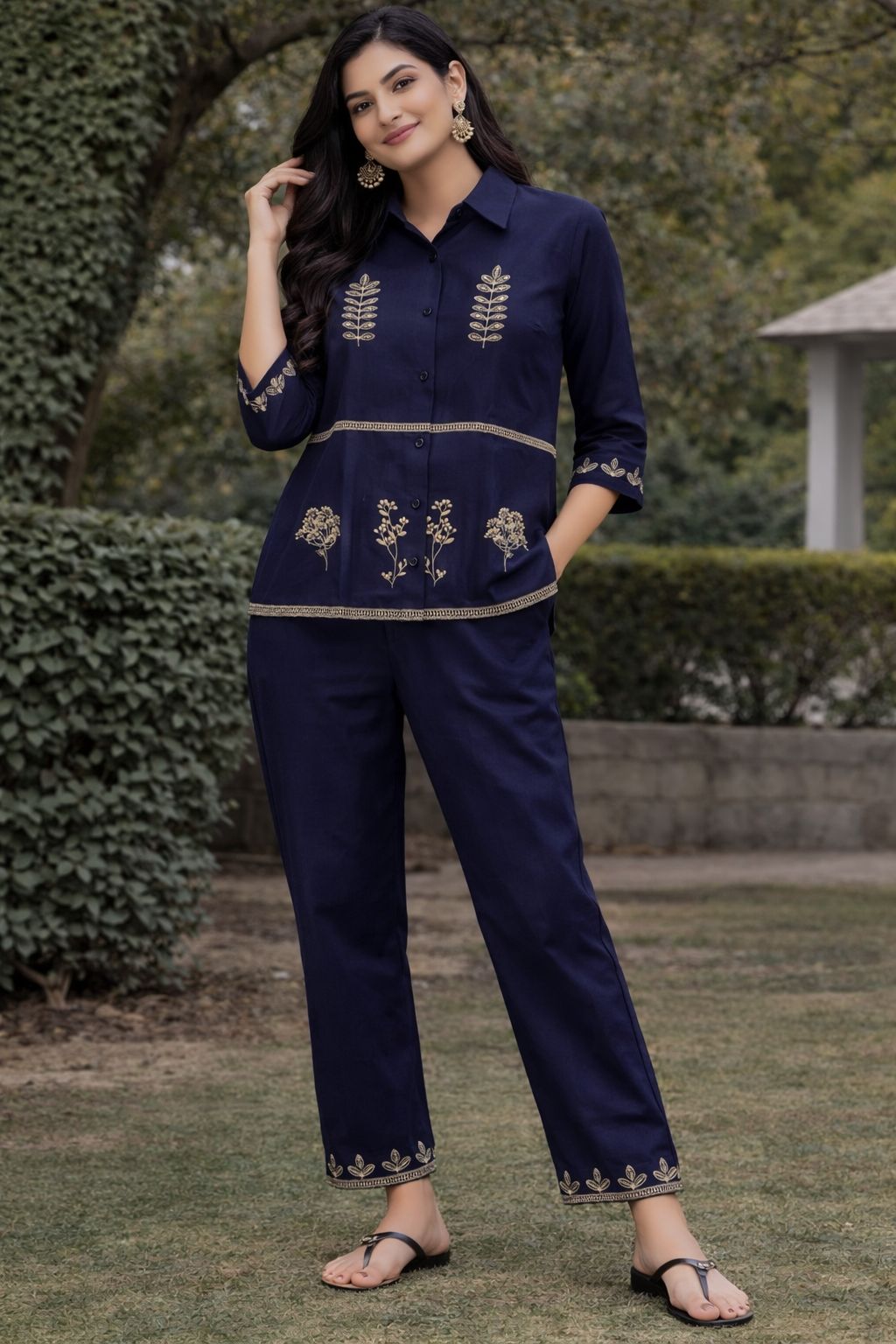 Women’s Cotton Co-Ord Set – Navy Blue Embroidered Shirt & Pant Set, Elegant Casual Ethnic Outfit