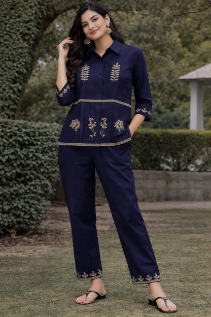 Women’s Cotton Co-Ord Set – Navy Blue Embroidered Shirt & Pant Set, Elegant Casual Ethnic Outfit