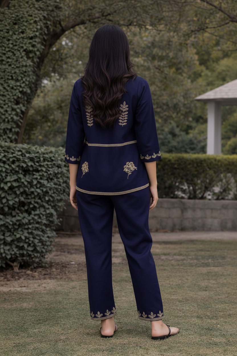Women’s Cotton Co-Ord Set – Navy Blue Embroidered Shirt & Pant Set, Elegant Casual Ethnic Outfit