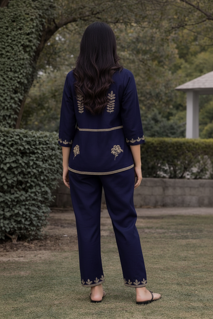 Women’s Cotton Co-Ord Set – Navy Blue Embroidered Shirt & Pant Set, Elegant Casual Ethnic Outfit