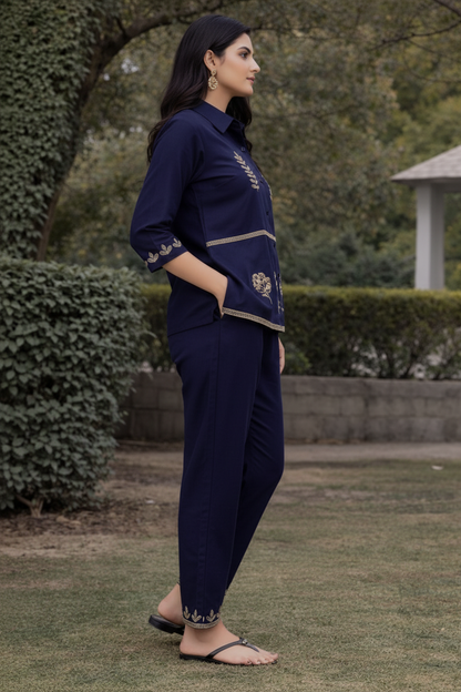 Women’s Cotton Co-Ord Set – Navy Blue Embroidered Shirt & Pant Set, Elegant Casual Ethnic Outfit