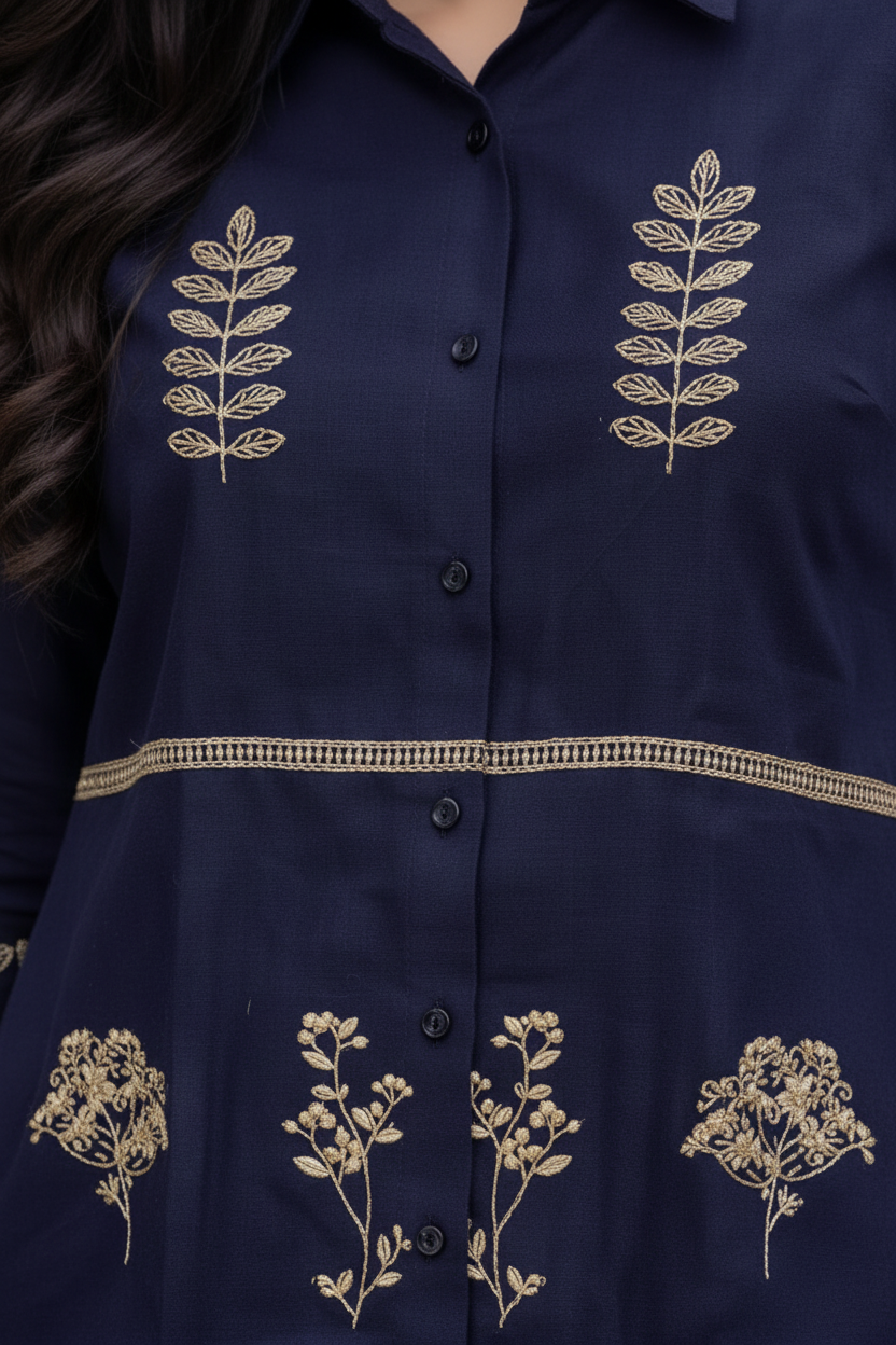 Women’s Cotton Co-Ord Set – Navy Blue Embroidered Shirt & Pant Set, Elegant Casual Ethnic Outfit