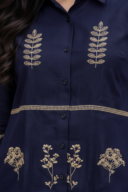 Women’s Cotton Co-Ord Set – Navy Blue Embroidered Shirt & Pant Set, Elegant Casual Ethnic Outfit