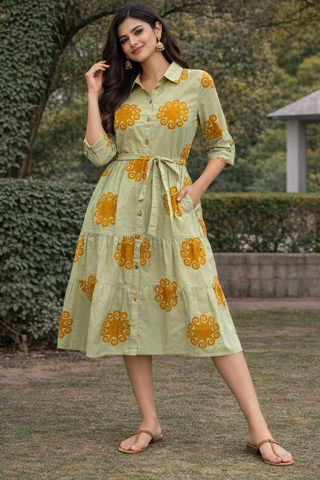 Women’s Cotton Printed Midi Dress – Green Floral Shirt Dress with Belt, Lightweight Summer Casual Wear