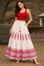 Women’s Hand Block Printed Mal Cotton Skirt – White & Red Flared Maxi Skirt with Ethnic Print, Lightweight Summer Wear