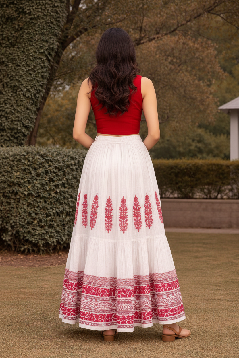 Women’s Hand Block Printed Mal Cotton Skirt – White & Red Flared Maxi Skirt with Ethnic Print, Lightweight Summer Wear