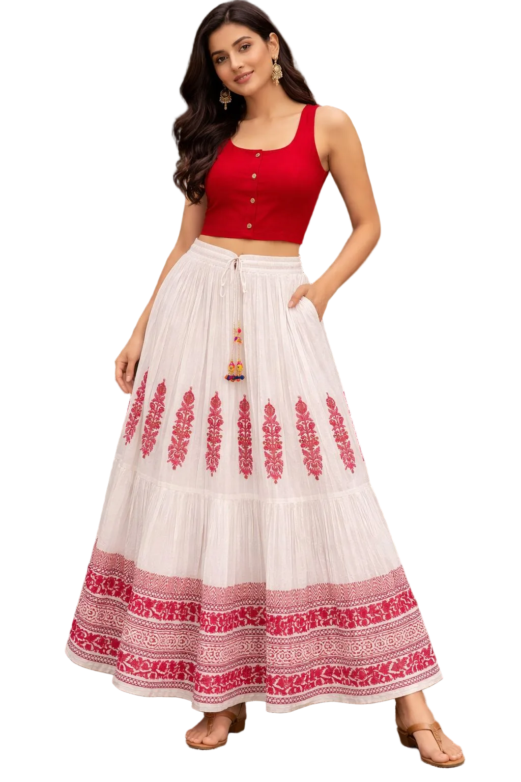 Women’s Hand Block Printed Mal Cotton Skirt – White & Red Flared Maxi Skirt with Ethnic Print, Lightweight Summer Wear