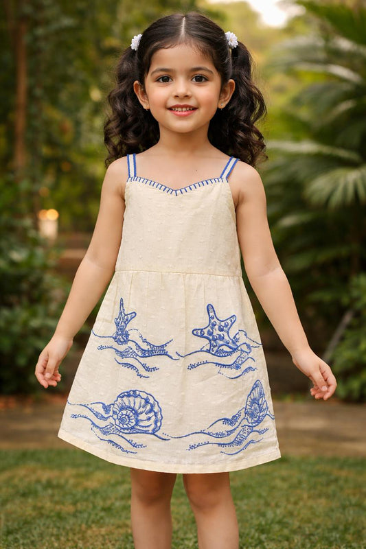 Girls Cotton Summer Dress with Blue Embroidery – Sleeveless Lightweight Kids Casual A-Line Dress