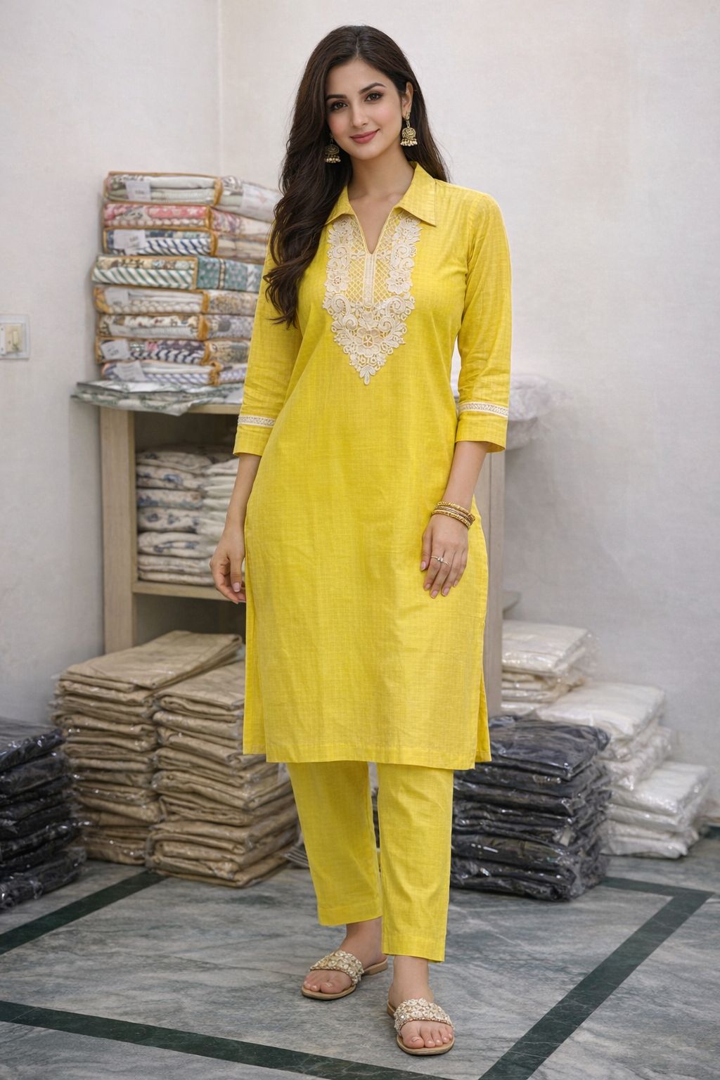 Women’s Yellow Cotton Kurti Pant Set with Embroidered Neck | Comfortable Summer Ethnic Wear | Natural Fab