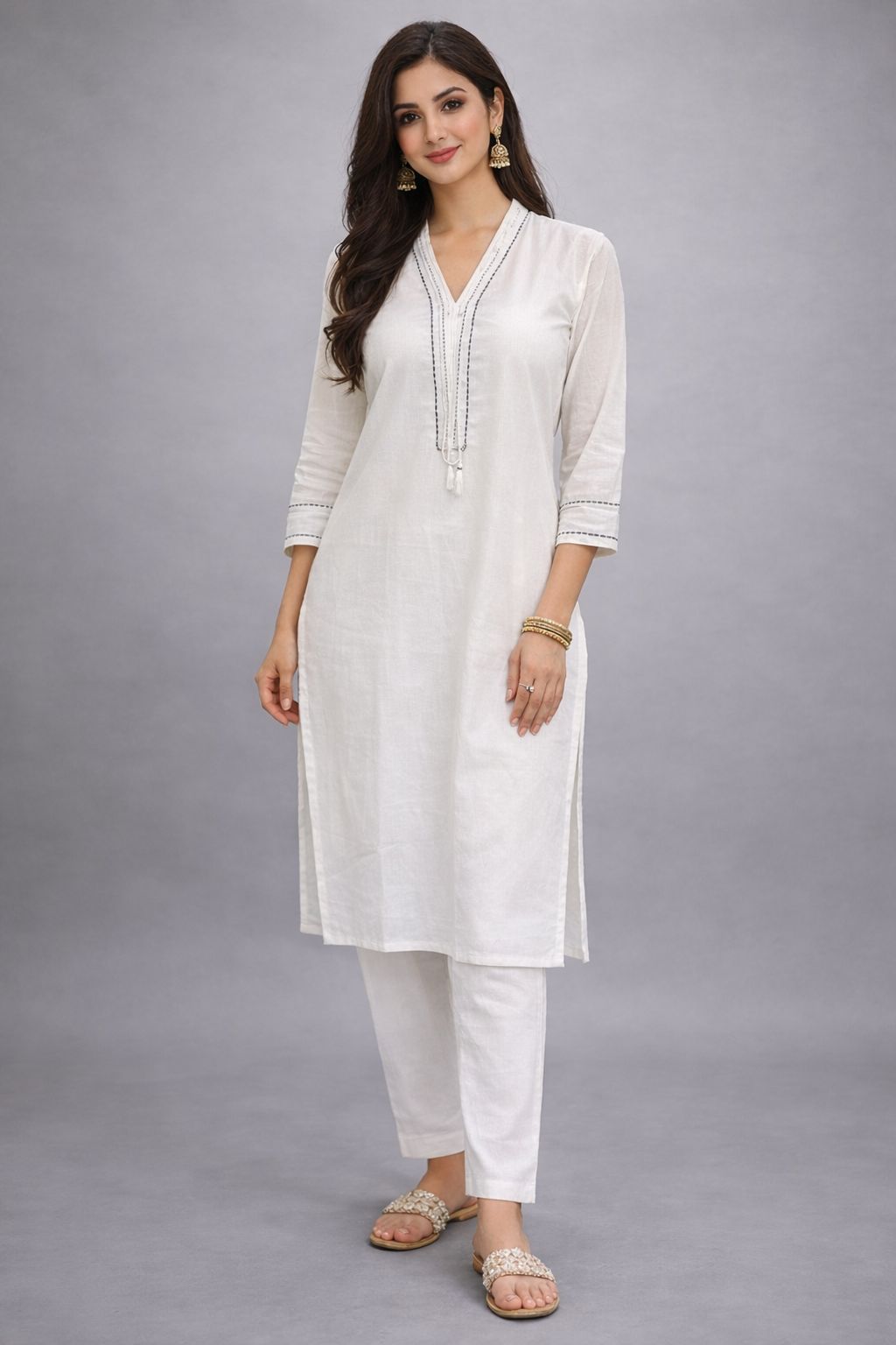 Women’s White Khadi Cotton Kurti | Minimal Embroidered Straight Kurta | Breathable Summer Ethnic Wear | Natural Fab