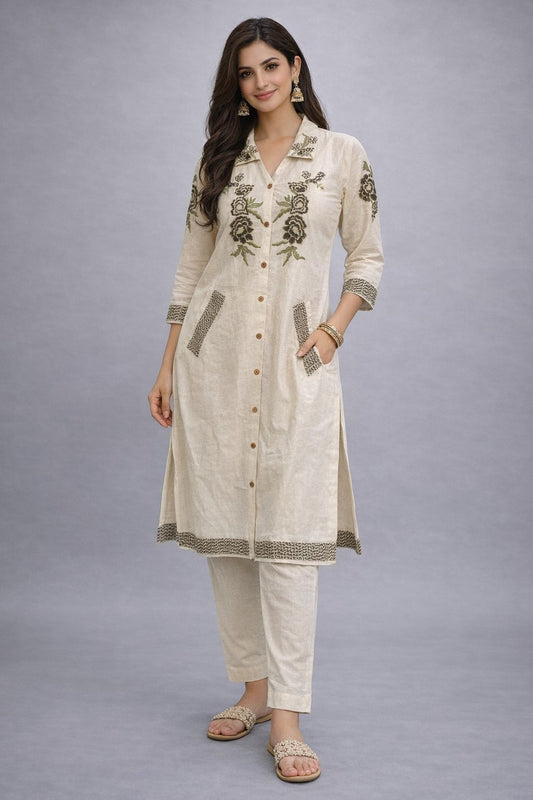 Women’s Beige Cotton Co-Ord Set with Floral Embroidery | Button-Down Kurti & Pant Set | Comfortable Ethnic Wear | Natural Fab