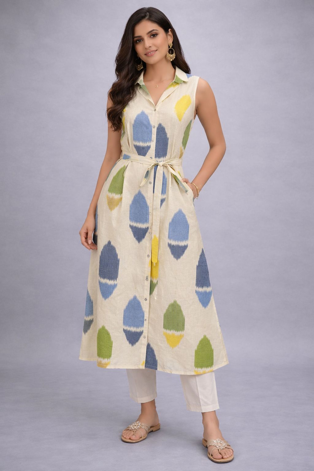 Women’s Printed Cotton Shirt Dress with Belt | Sleeveless A-Line Midi Dress | Summer Casual Wear | Natural Fab