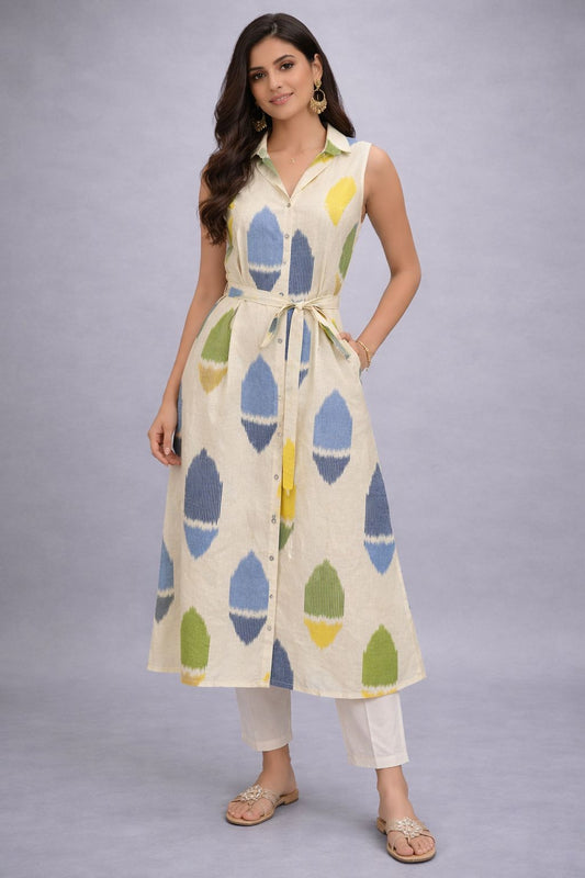Women’s Printed Cotton Shirt Dress with Belt | Sleeveless A-Line Midi Dress | Summer Casual Wear | Natural Fab