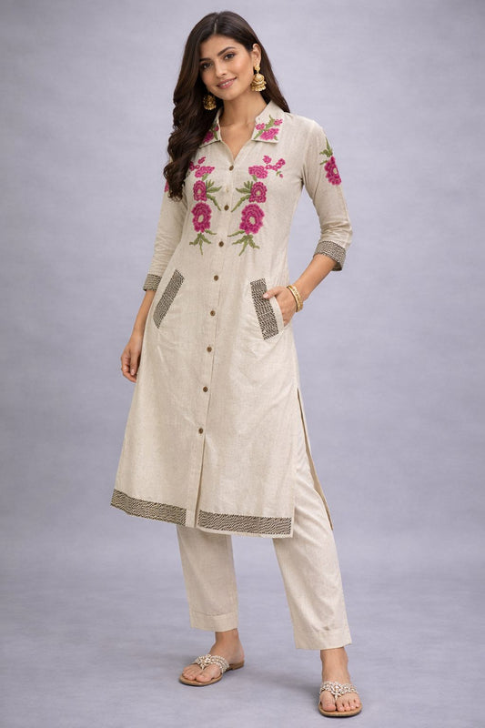 Women’s Beige Cotton Co-Ord Set with Pink Floral Embroidery | Button-Down Kurti & Pant Set | Elegant Ethnic Wear | Natural Fab