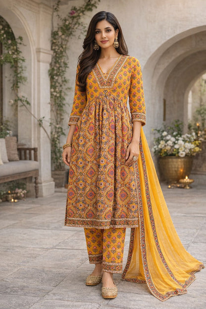 Women’s Hand Block Print Anarkali Kurti Set with Dupatta | Mustard Cotton Ethnic Suit Set | Festive & Casual Wear | Natural Fab