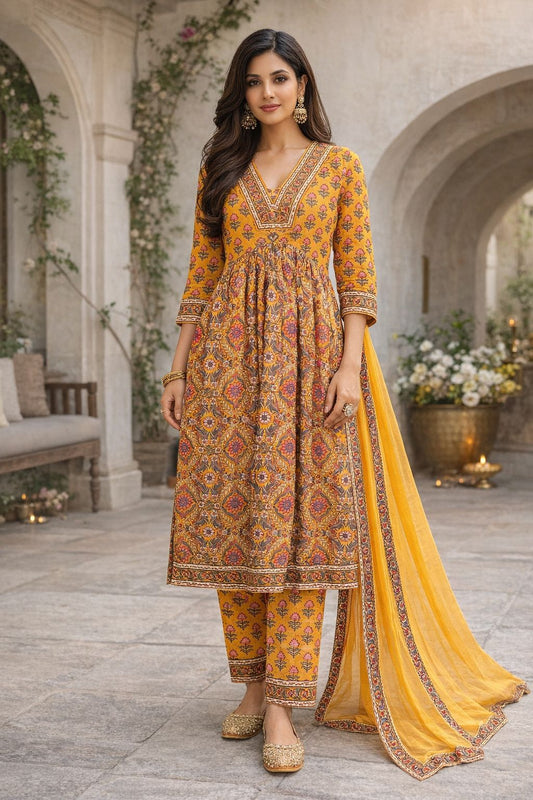 Women’s Hand Block Print Anarkali Kurti Set with Dupatta | Mustard Cotton Ethnic Suit Set | Festive & Casual Wear | Natural Fab