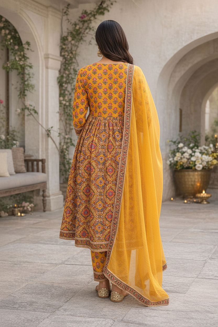 Women’s Hand Block Print Anarkali Kurti Set with Dupatta | Mustard Cotton Ethnic Suit Set | Festive & Casual Wear | Natural Fab