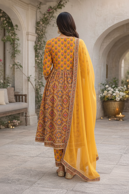 Women’s Hand Block Print Anarkali Kurti Set with Dupatta | Mustard Cotton Ethnic Suit Set | Festive & Casual Wear | Natural Fab