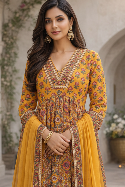 Women’s Hand Block Print Anarkali Kurti Set with Dupatta | Mustard Cotton Ethnic Suit Set | Festive & Casual Wear | Natural Fab