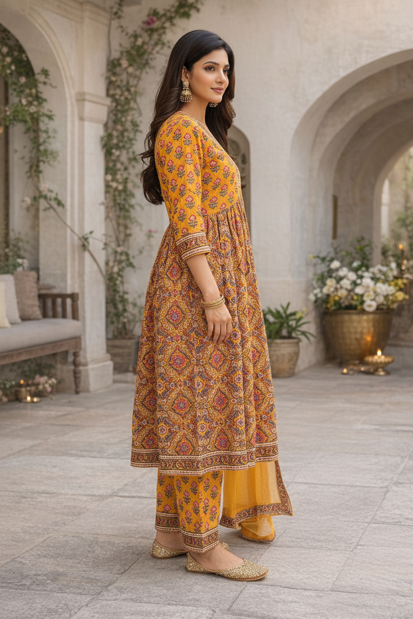 Women’s Hand Block Print Anarkali Kurti Set with Dupatta | Mustard Cotton Ethnic Suit Set | Festive & Casual Wear | Natural Fab