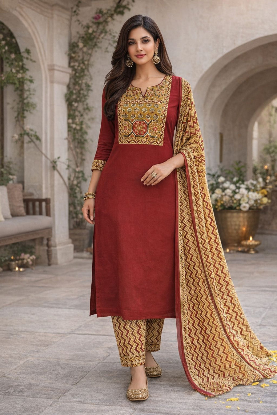 Women’s Plus Size Maroon Cotton Kurti Pant Set with Dupatta | Big Size Ethnic Suit Set | Comfortable Festive & Daily Wear | Natural Fab