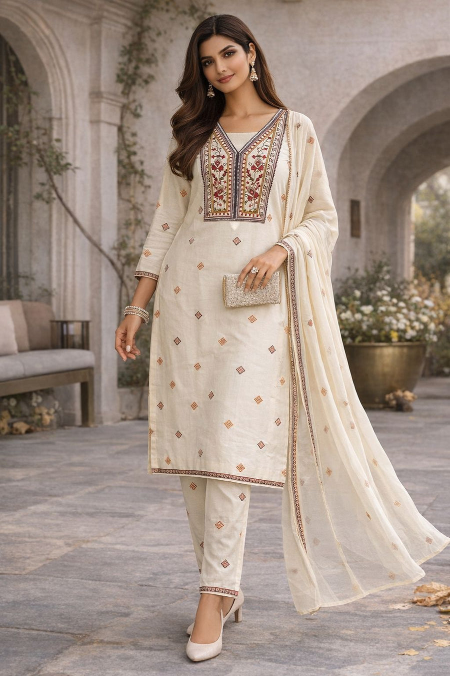 Women’s Cream Cotton Kurti Set with Embroidered Yoke | Elegant Straight Kurta Pant Dupatta Set | Ethnic Wear for Office & Festive