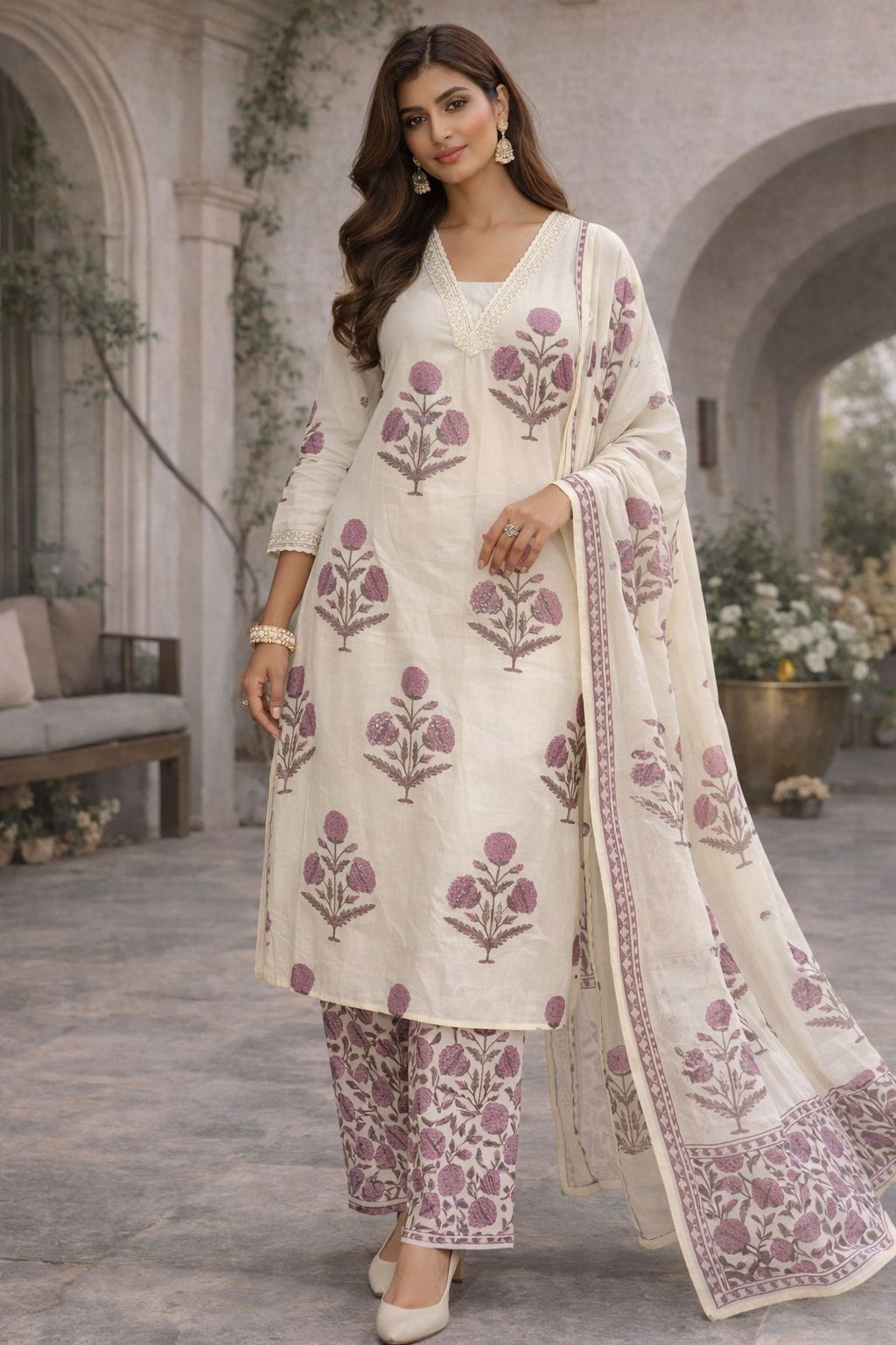 Women’s Hand Block Print Cotton Kurti Set with Dupatta | Floral Printed Kurta Pant Set | Ethnic Wear for Daily & Festive