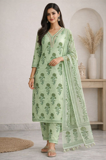 Women’s Pure Cotton Kurti Pant Set with Dupatta | Hand Block Print Green Ethnic Suit Set | Summer Wear Straight Kurta Set for Women