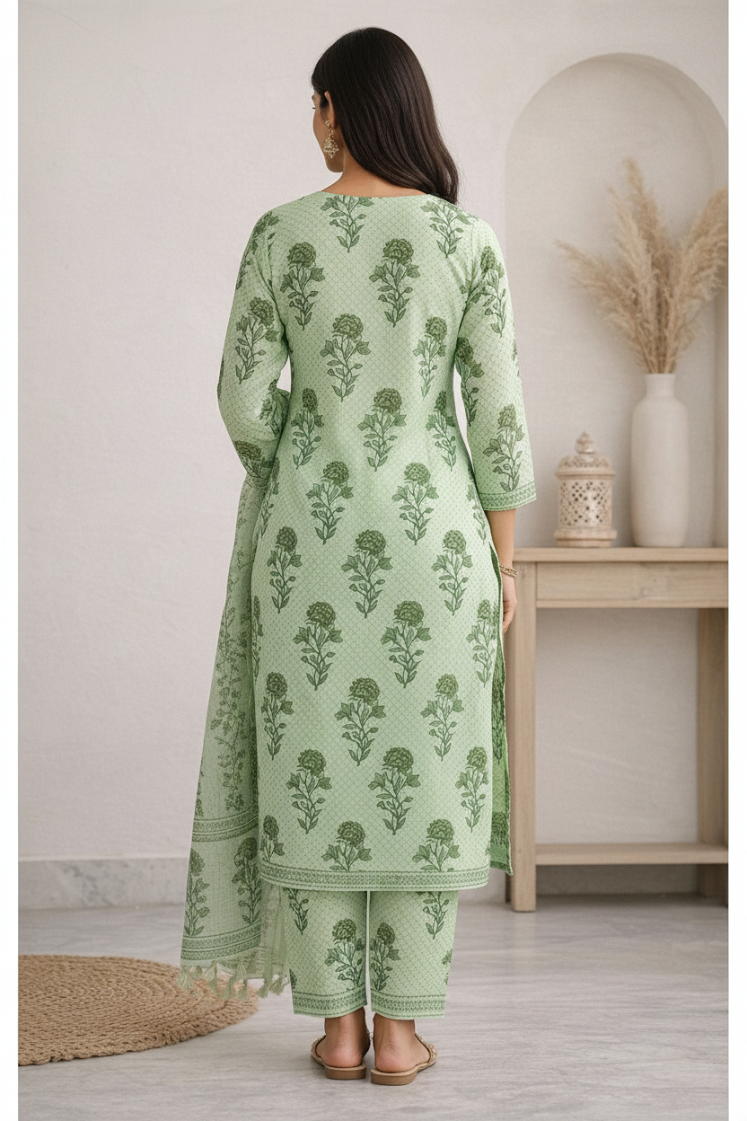 Women’s Pure Cotton Kurti Pant Set with Dupatta | Hand Block Print Green Ethnic Suit Set | Summer Wear Straight Kurta Set for Women