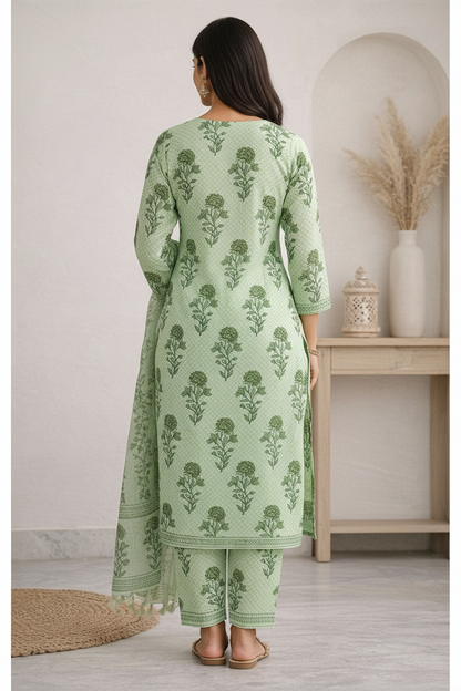 Women’s Pure Cotton Kurti Pant Set with Dupatta | Hand Block Print Green Ethnic Suit Set | Summer Wear Straight Kurta Set for Women