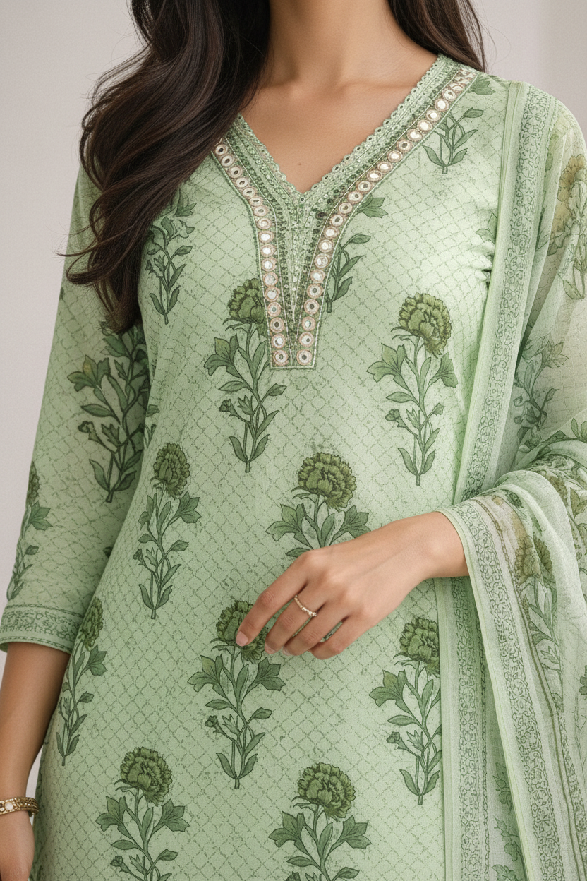 Women’s Pure Cotton Kurti Pant Set with Dupatta | Hand Block Print Green Ethnic Suit Set | Summer Wear Straight Kurta Set for Women