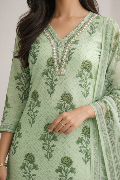 Women’s Pure Cotton Kurti Pant Set with Dupatta | Hand Block Print Green Ethnic Suit Set | Summer Wear Straight Kurta Set for Women