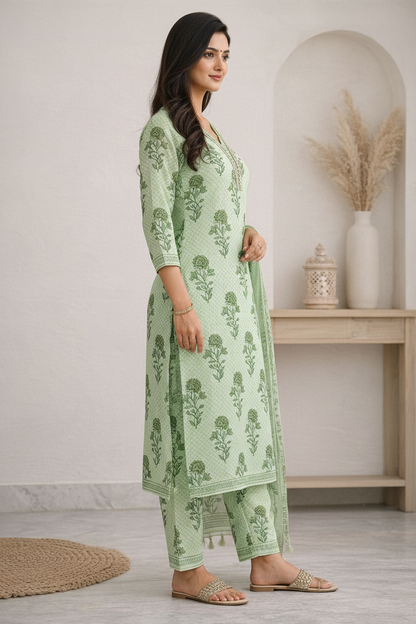 Women’s Pure Cotton Kurti Pant Set with Dupatta | Hand Block Print Green Ethnic Suit Set | Summer Wear Straight Kurta Set for Women