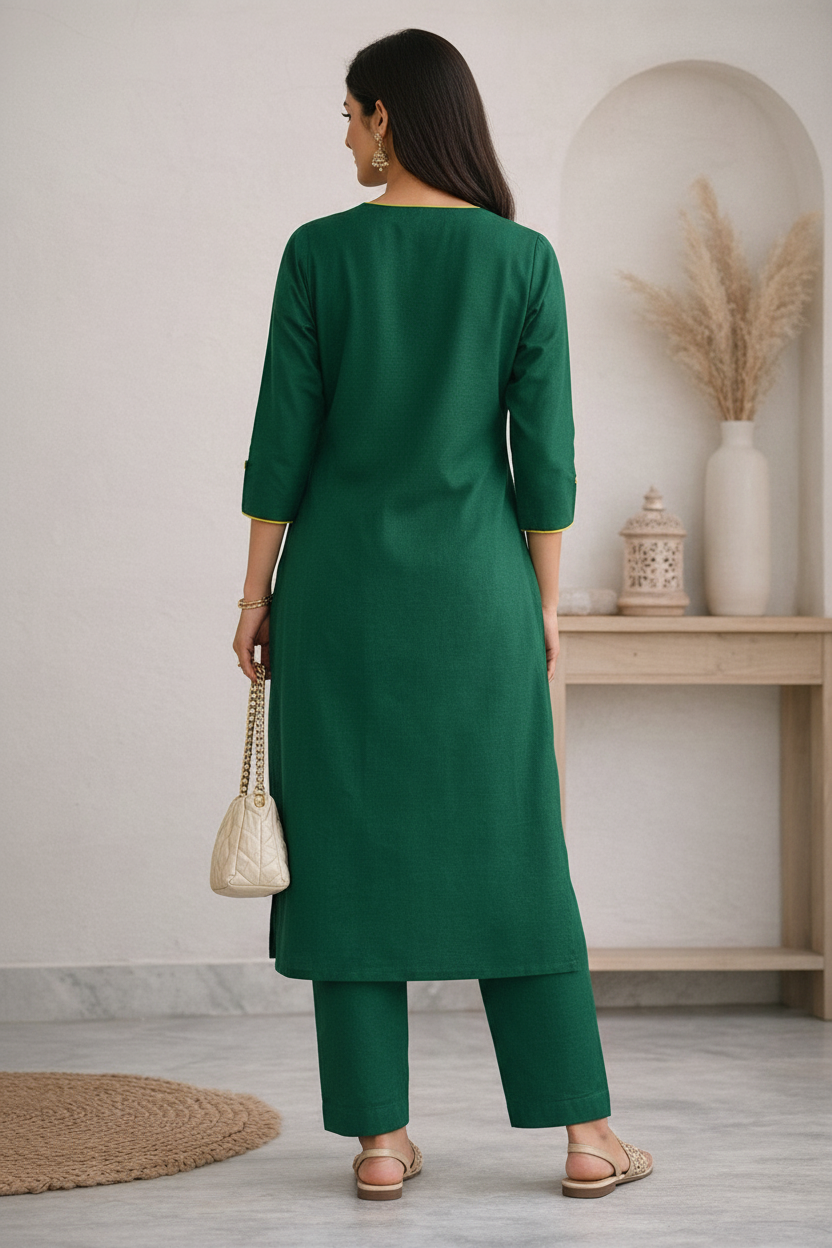 Women’s Solid Green Cotton Kurti Pant Set | Embroidered Neck Straight Kurta Set for Women | Elegant Ethnic Daily Wear Suit Set