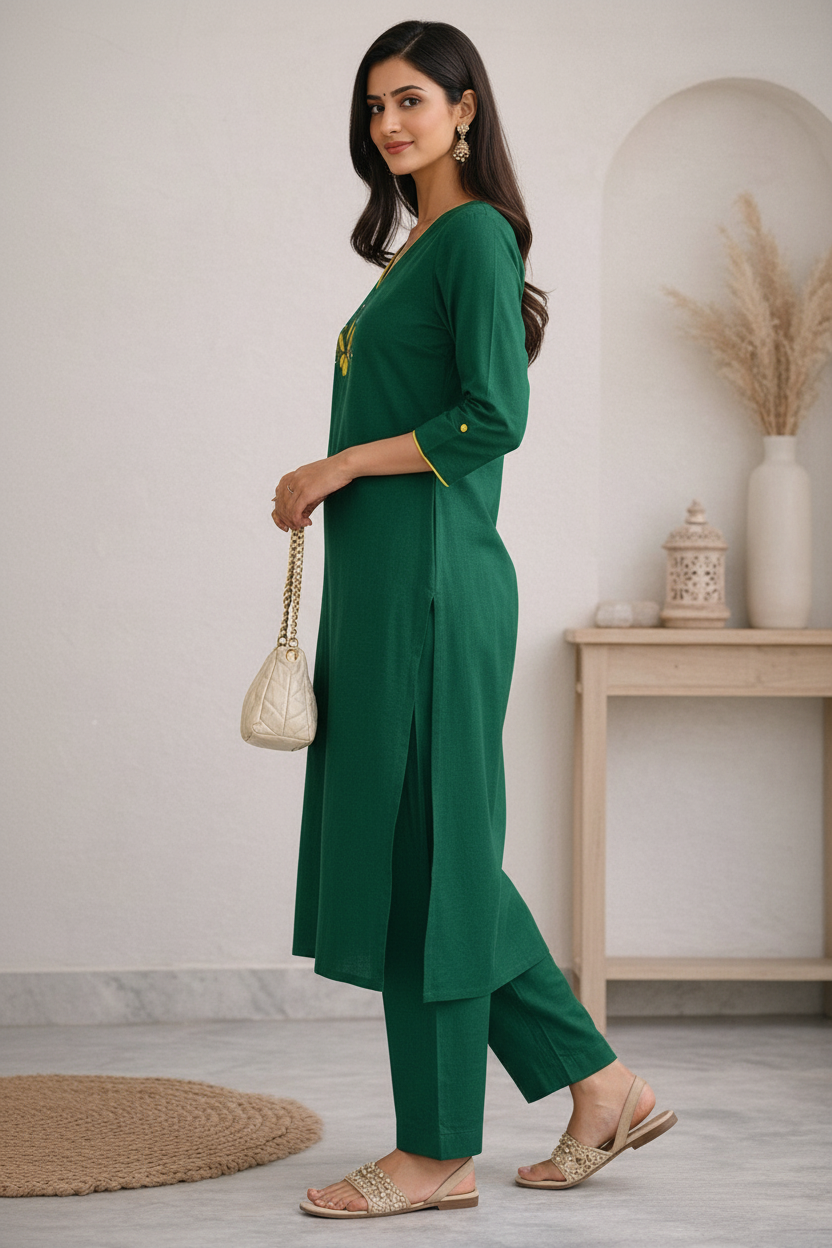 Women’s Solid Green Cotton Kurti Pant Set | Embroidered Neck Straight Kurta Set for Women | Elegant Ethnic Daily Wear Suit Set