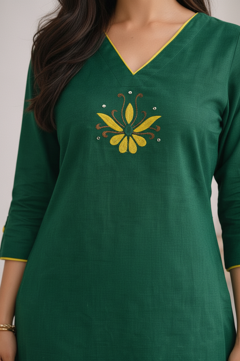 Women’s Solid Green Cotton Kurti Pant Set | Embroidered Neck Straight Kurta Set for Women | Elegant Ethnic Daily Wear Suit Set
