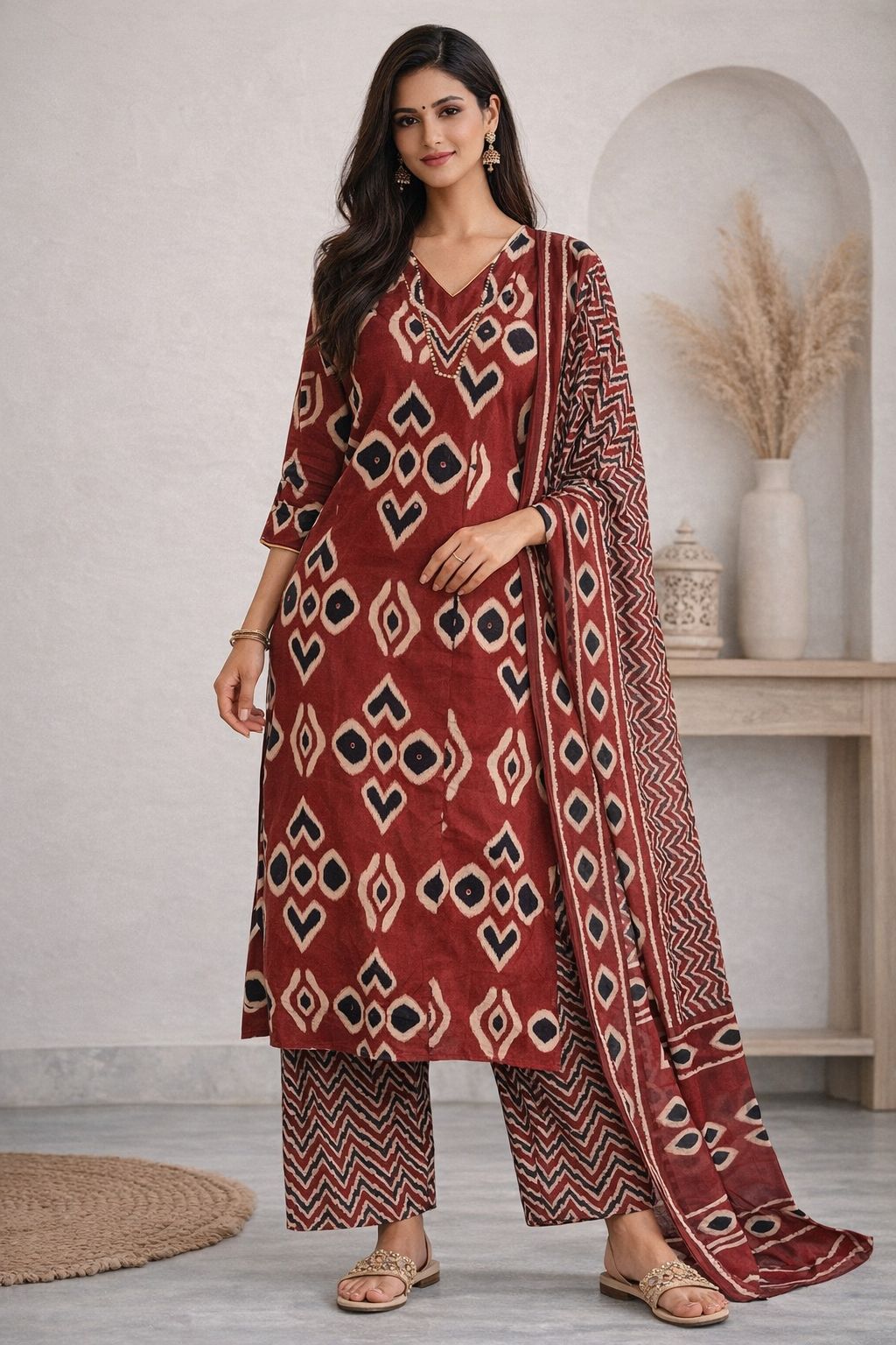 Women’s Cotton Printed Kurti Pant Set with Dupatta | Maroon Ethnic Ikat Style Kurta Set | Straight Fit Summer Wear Suit Set for Women