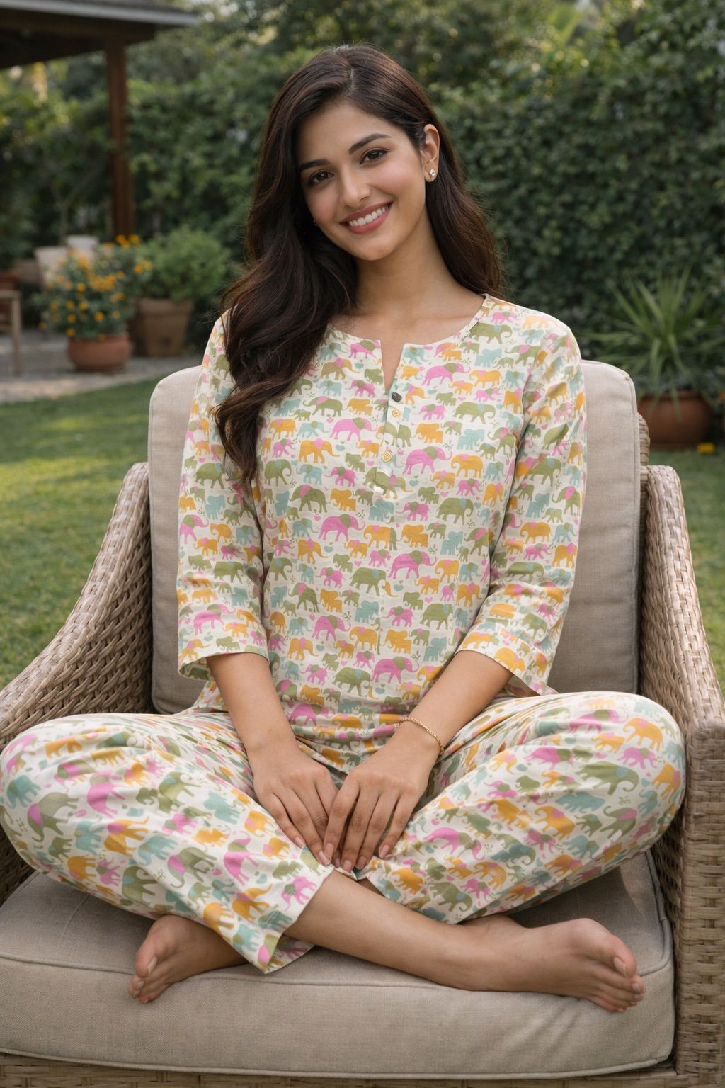 Women Cotton Night Suit Set – Soft Breathable Printed Sleepwear | Elephant Print Lounge Wear | Comfortable Nightwear for Daily Use | Natural Fab