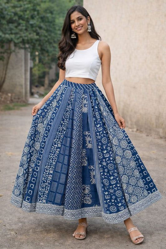 Women Indigo Cotton Skirt – Hand Block Printed Flared Long Skirt | Ethnic Craft Skirt | Boho Maxi Skirt for Casual & Festive Wear | Natural Fab