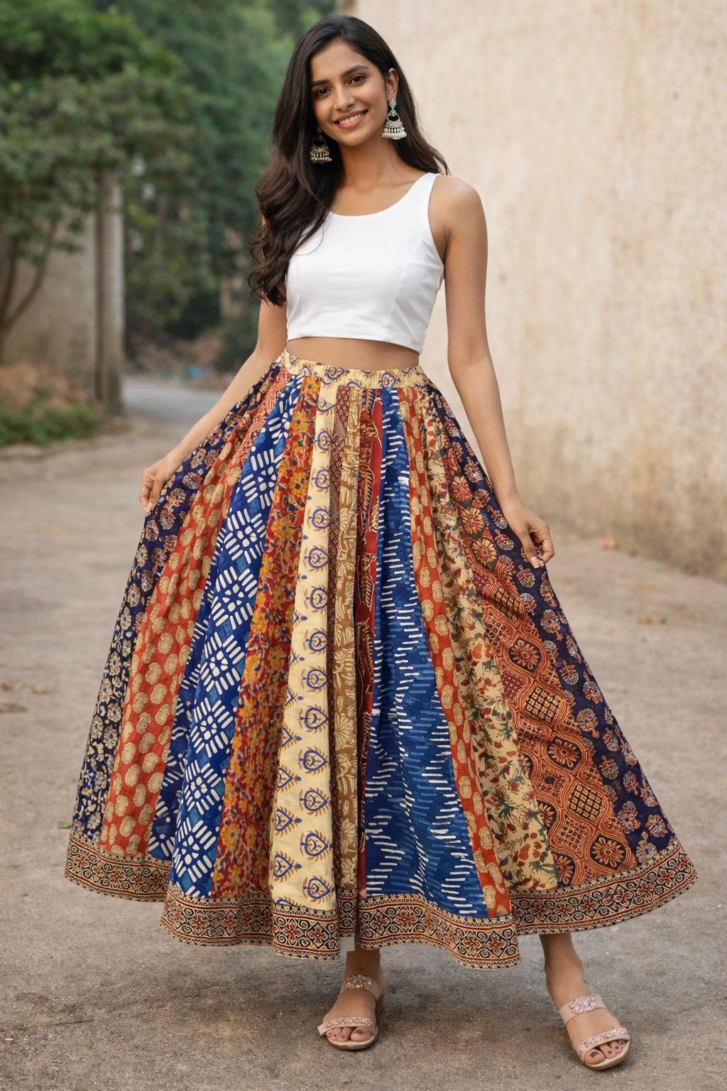 Women Multicolor Cotton Skirt – Patchwork Printed Flared Maxi Skirt | Ethnic Boho Long Skirt | Casual & Festive Wear | Natural Fab