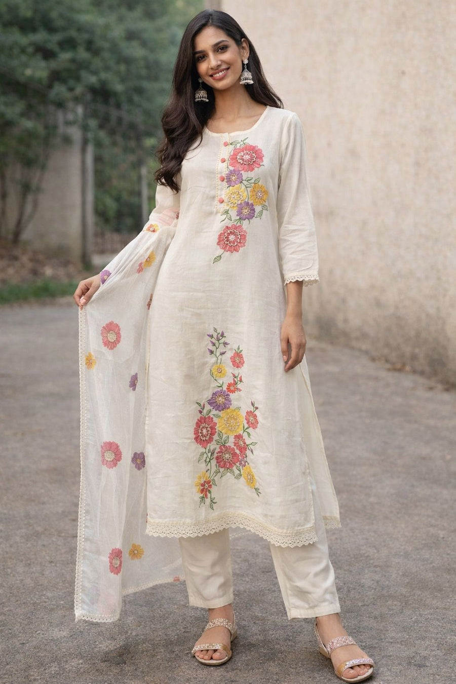 Women Cotton Kurti Pant Dupatta Set – Floral Embroidered Ethnic Suit | Straight Kurta Set | Elegant Festive & Casual Wear | Natural Fab