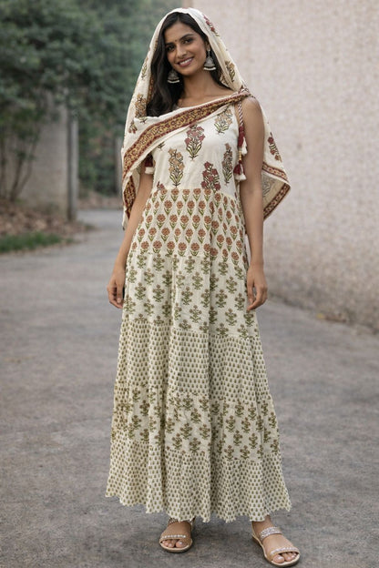 Women Cotton Maxi Dress with Dupatta – Hand Block Printed Long Dress | Floral Motif Boho Dress | Lightweight Summer Ethnic Wear | Natural Fab